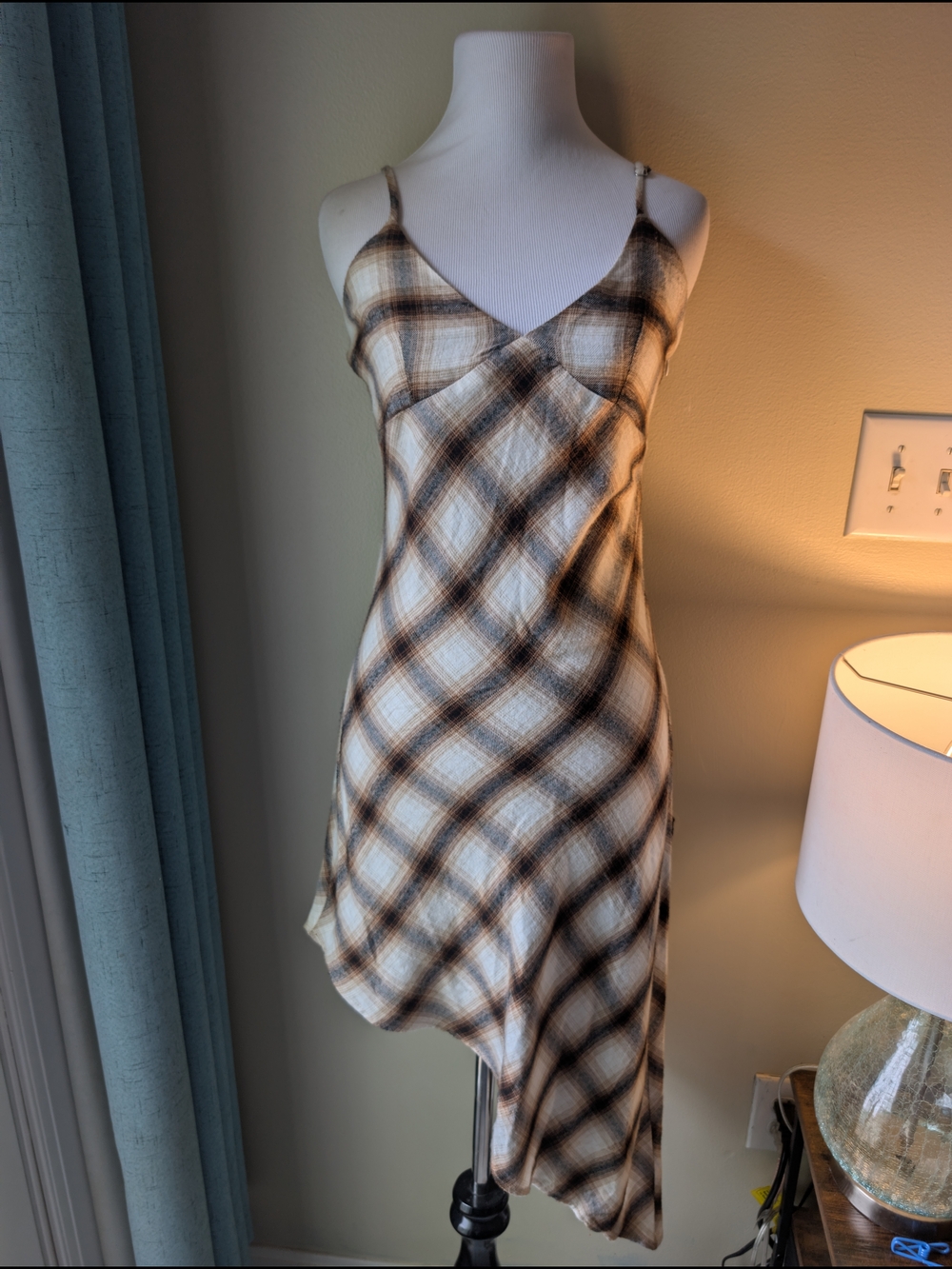 Forever 21 90s Style Brown and Cream Asymmetrical Slip Dress